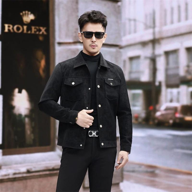 Suede Leather Jacket Men's Slim-fit High-grade Pu Handsome Retro Biker's by GJG Denim