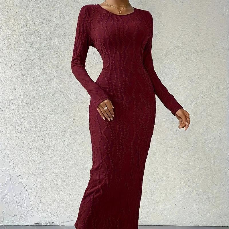 Women's Crew Neck Long Sleeve Ribbed Dress Side Slit Knit Bodycon Midi Dress by GJG Denim
