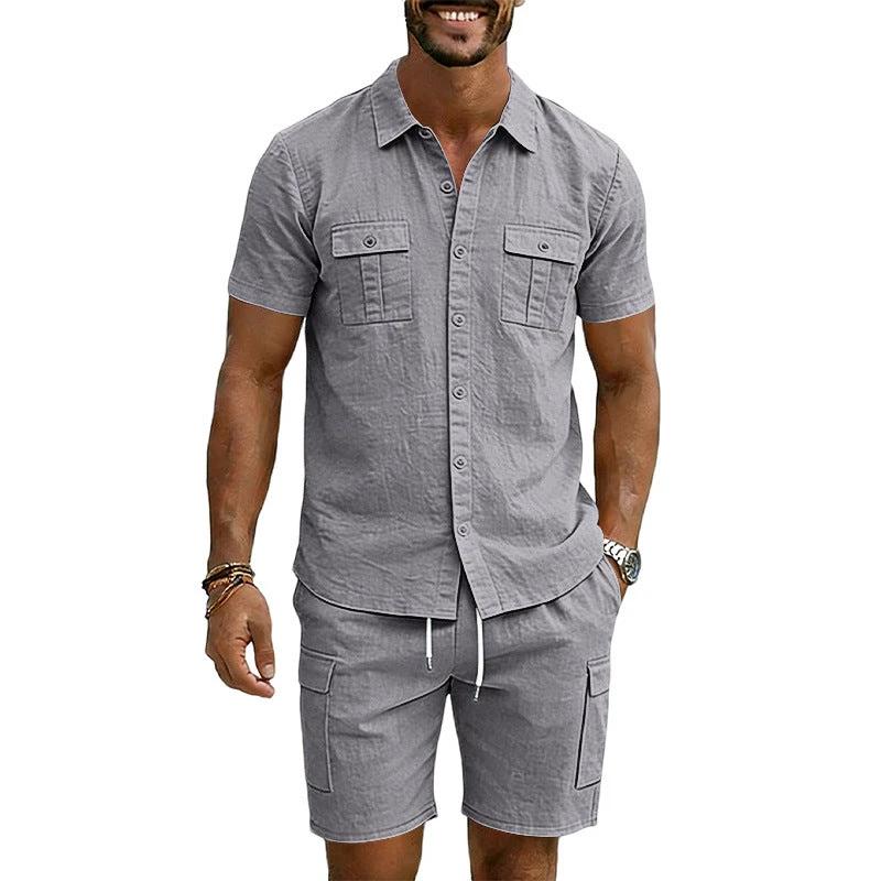 Men's Lapel Shirt And Multi-Pocket Shorts Set by GJG Denim