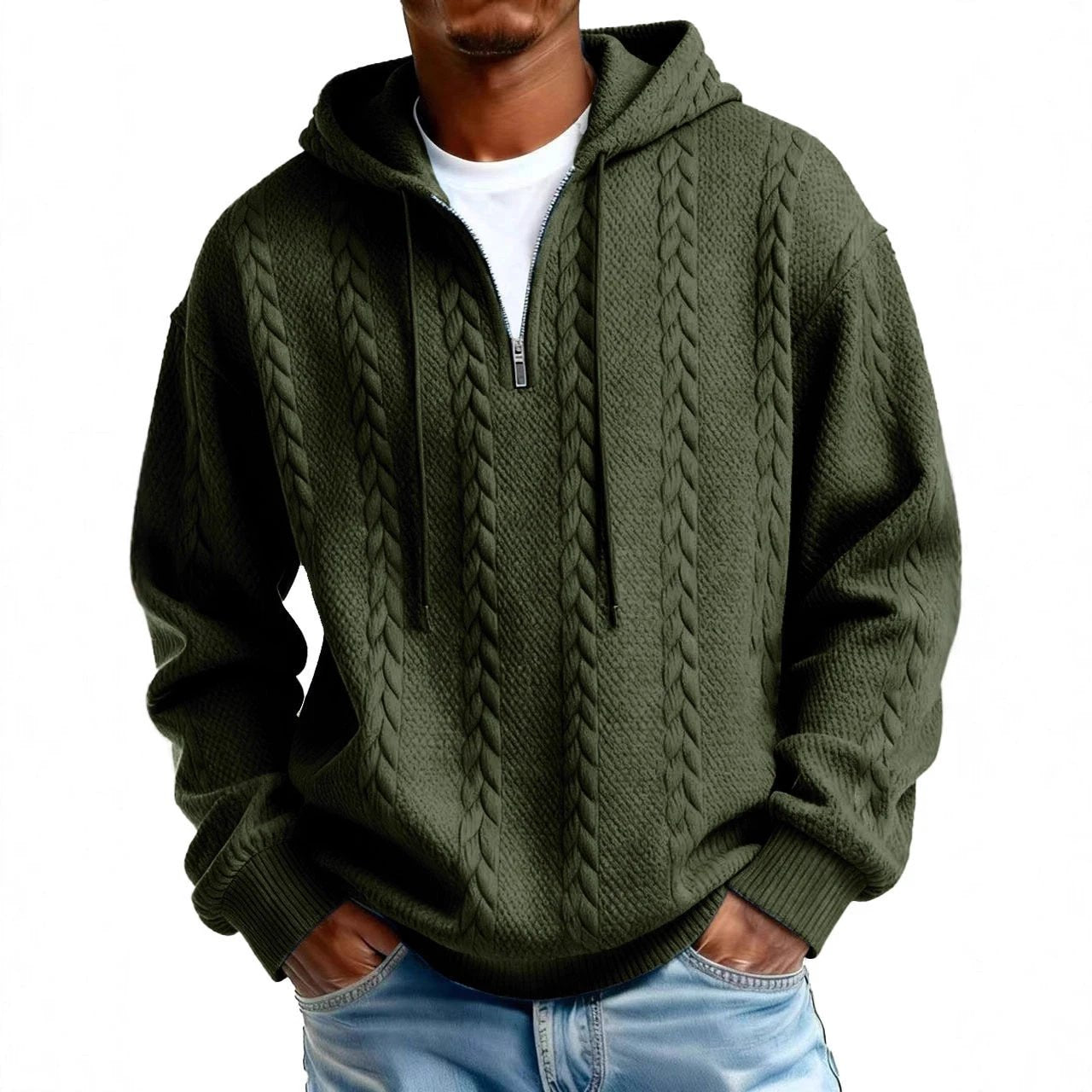 Men's Half-zip Hooded Sweatshirt With Long Sleeves by GJG Denim