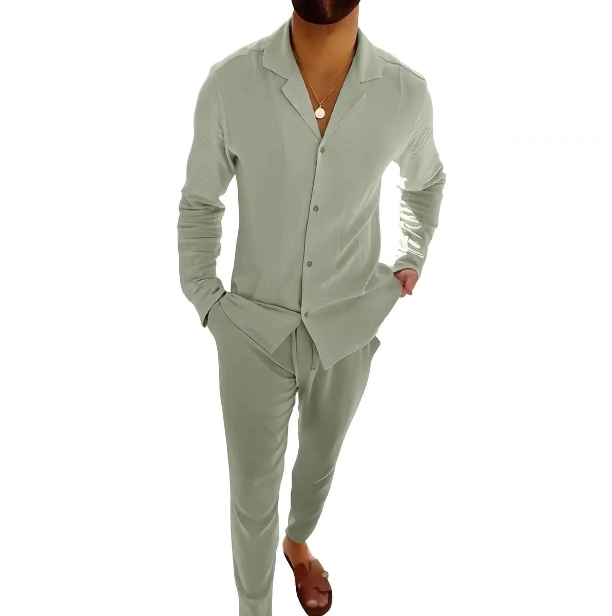 Casual Long-sleeved Suits Fashion Lapel Single-breasted Shirt Top And Slim-fit Trousers Men Clothing by GJG Denim