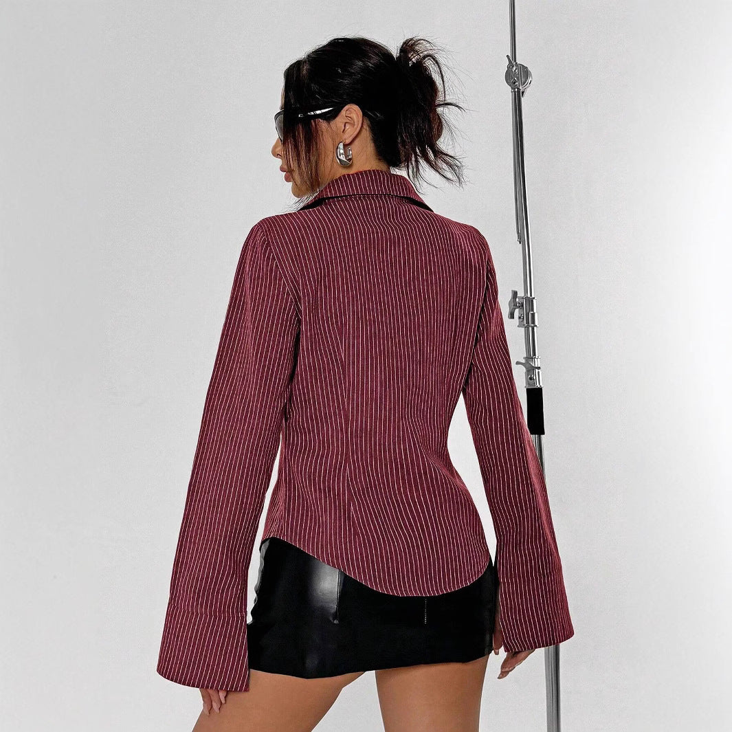 Women's Slim Striped Shirt Wine Red by GJG Denim