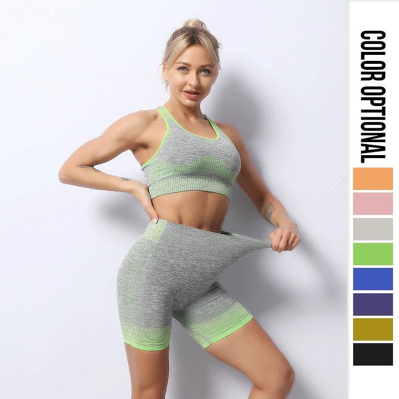 Seamless Yoga Wear Sports Suit Women Fitness Vest Bra Hip Lifting Tight Yoga Shorts by GJG Denim