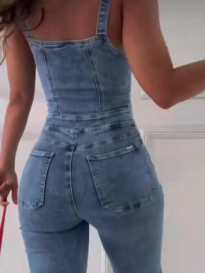 Sleeveless Paneled Zipper Denim Jumpsuit by GJG Denim