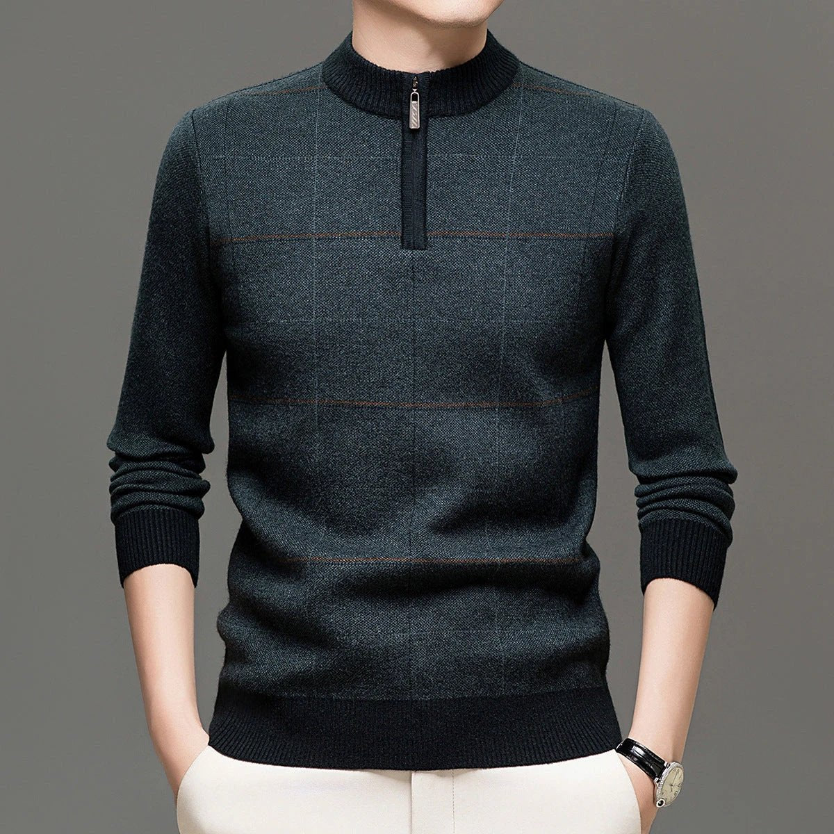 Men's Stylish Plaid Quarter-zip Knit Sweater by GJG Denim