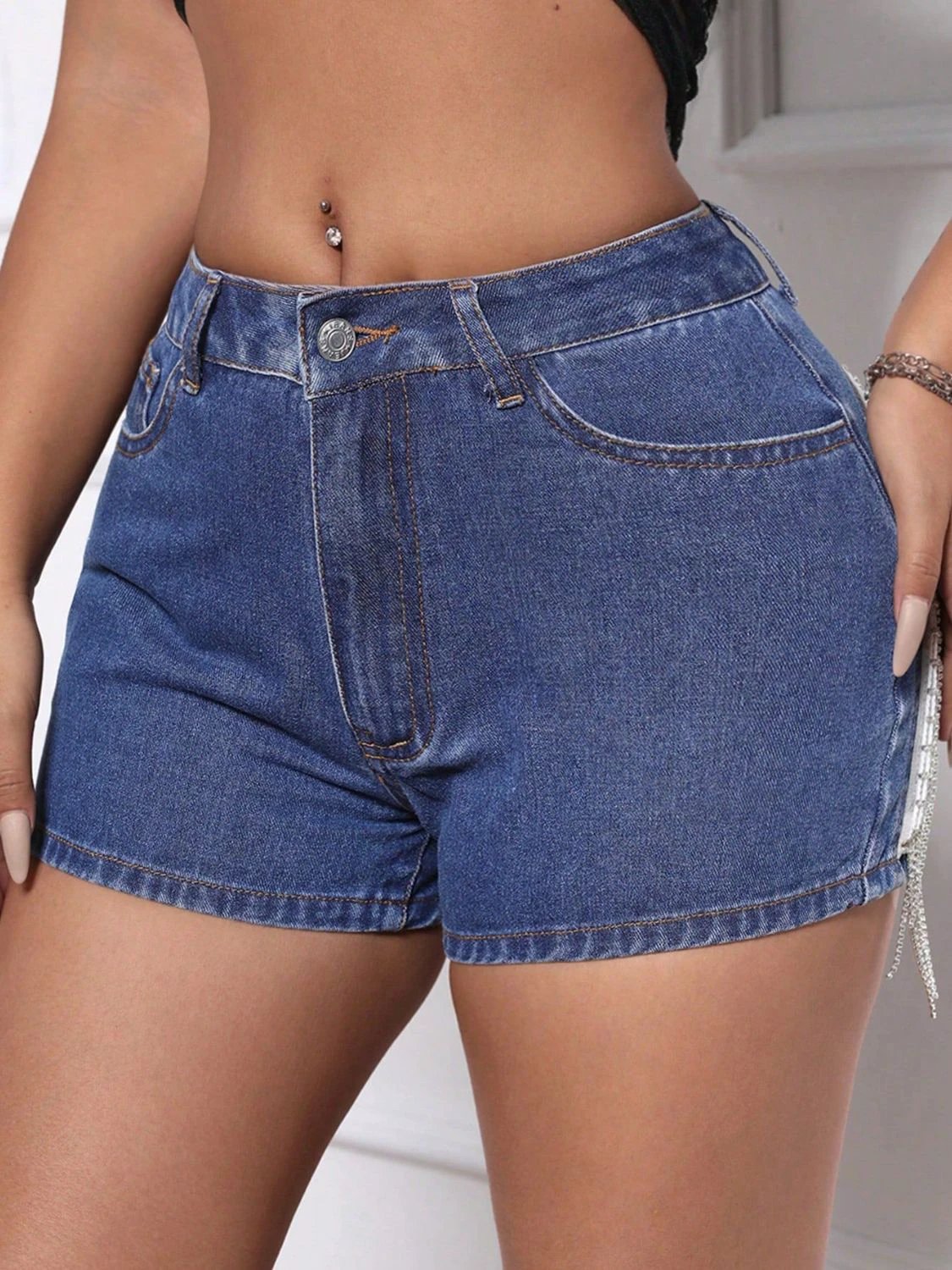Fringe Back Denim Shorts with Pockets by Lady Ros