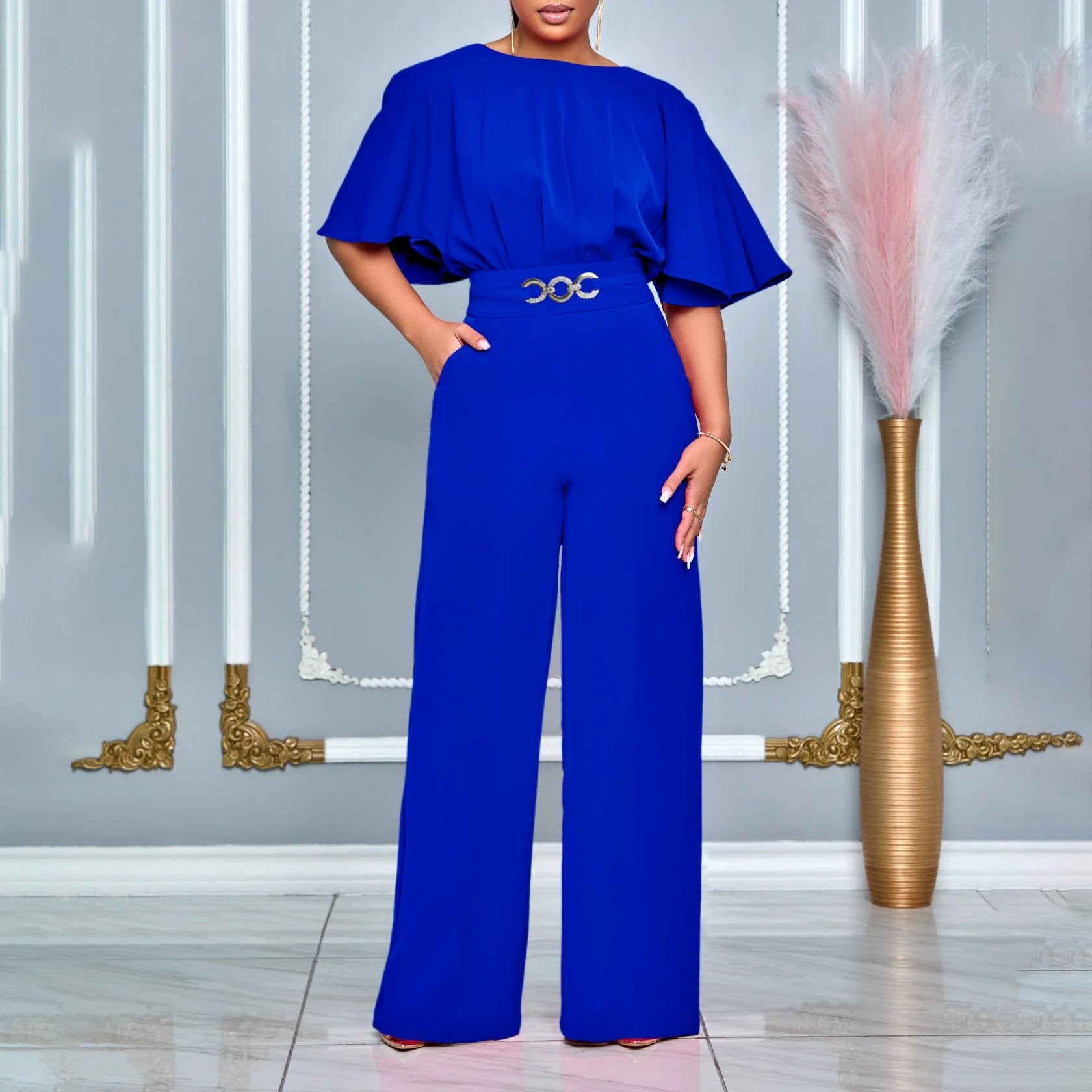 Fashion Round Neck Solid Color High Waist Plus Size African Wide Leg Jumpsuit by GJG Denim