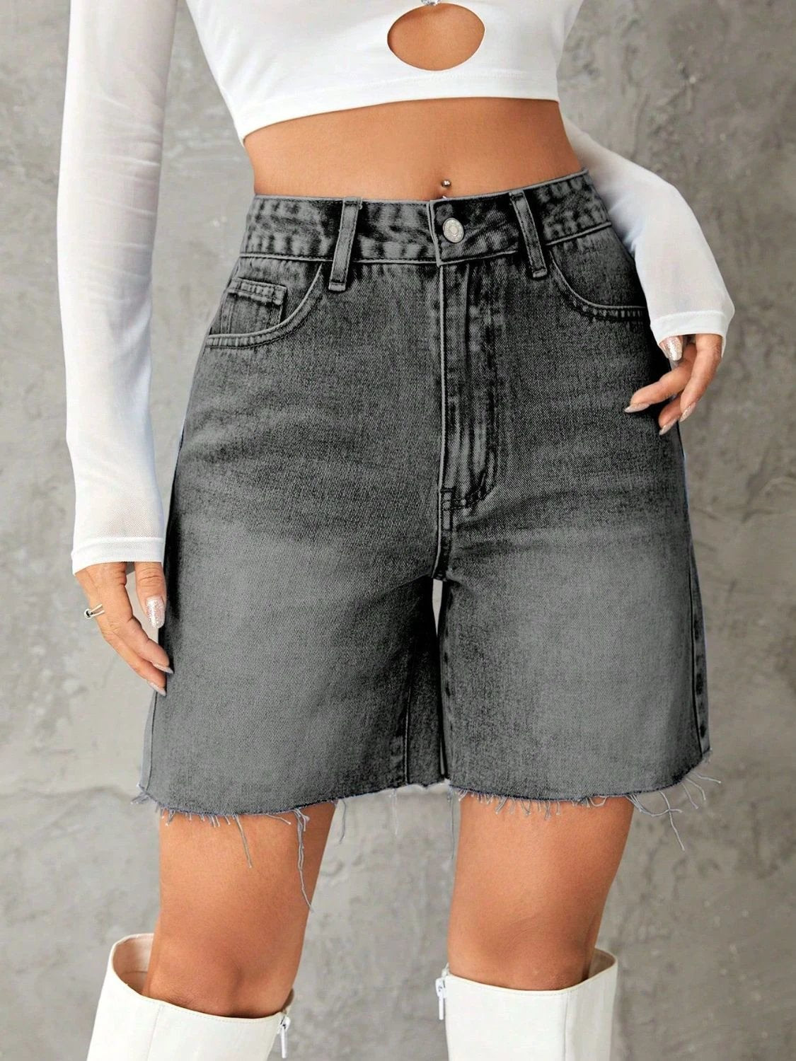 Frayed Hem Denim Shorts by Lady Ros
