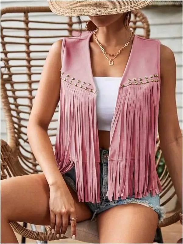 Womens Tassel Sleeveless Vest With Suede Tassels by GJG Denim
