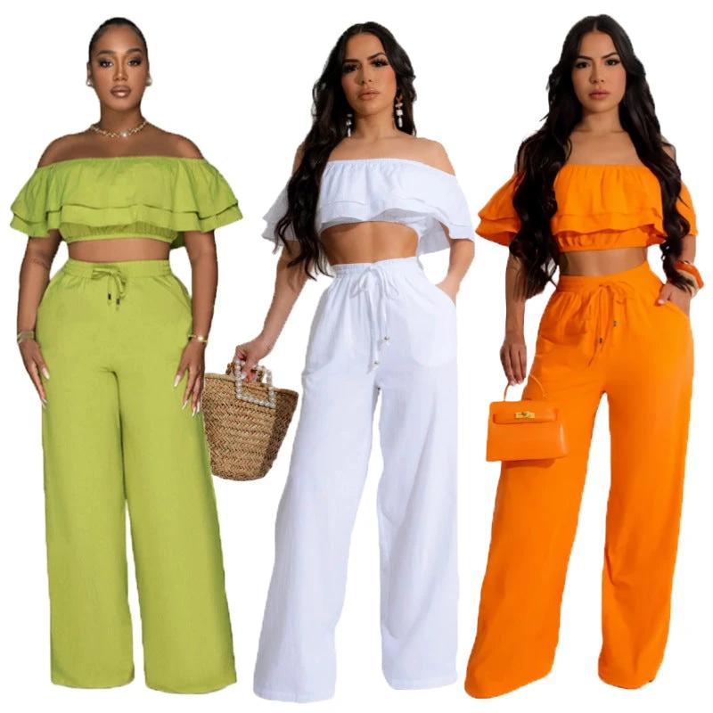 Off-shoulder Ruffled Short Top And Wide-leg Long Pants Set by GJG Denim