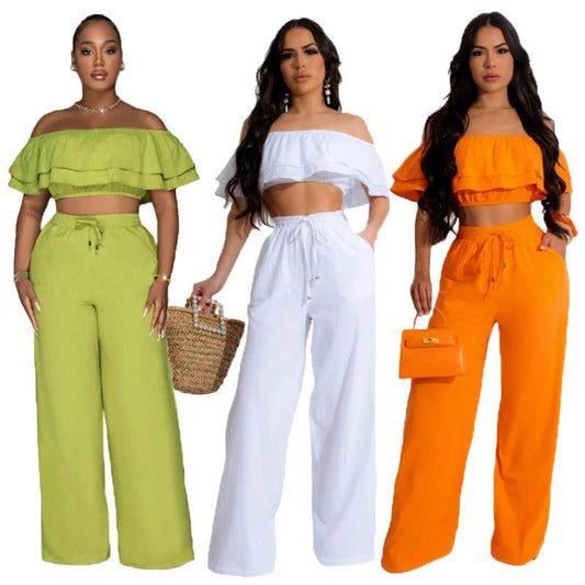 Off-shoulder Ruffled Short Top And Wide-leg Long Pants Set by GJG Denim