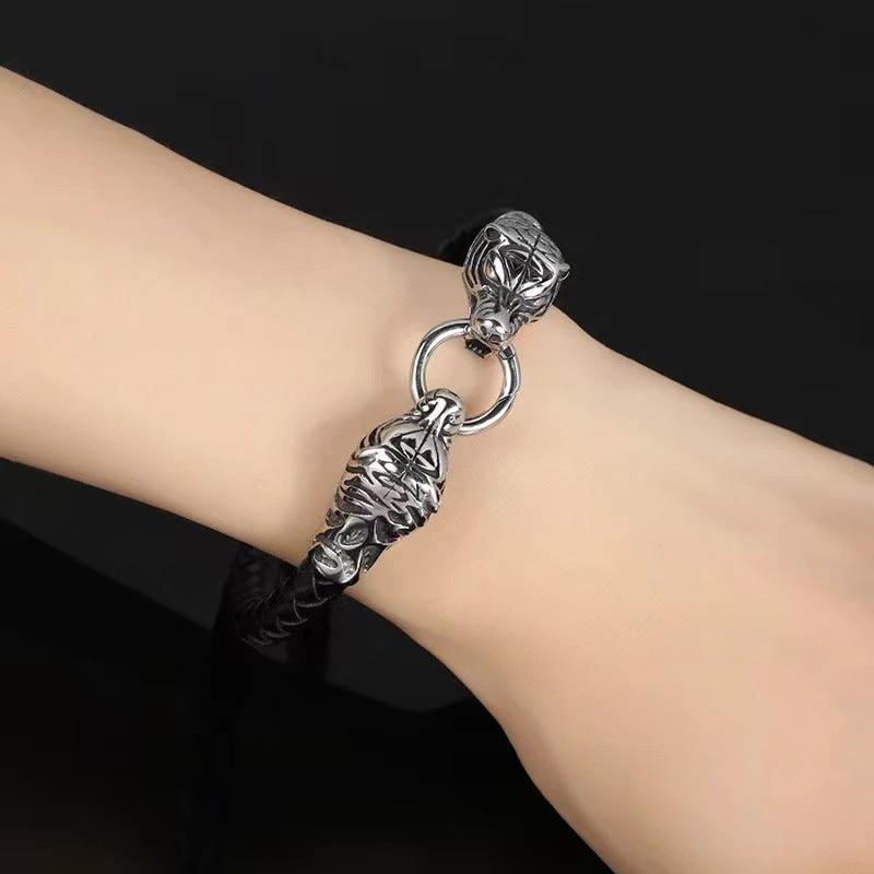 Men's Bold Retro Bracelet With Two Tiger Heads by GJG Denim