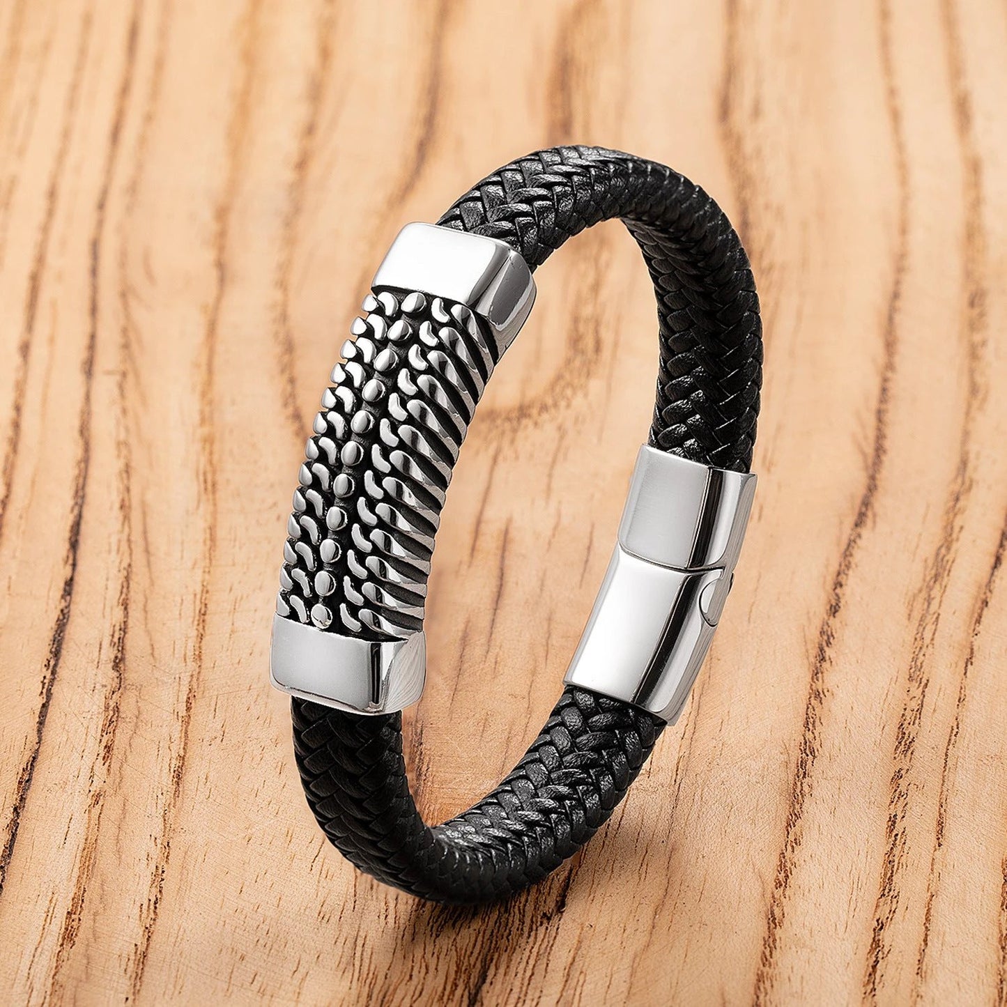 Men's Classic Stainless Steel Leather Bracelet by GJG Denim