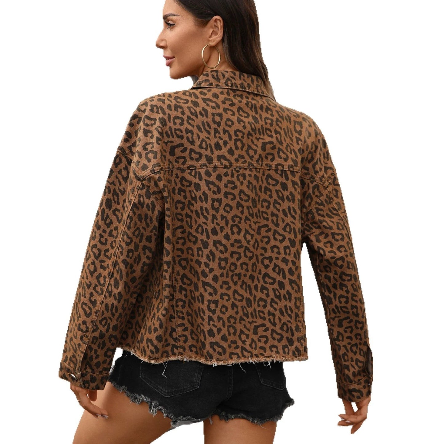 Women's Loose Street Style Personalized Leopard Print Denim Short Jacket by GJG Denim