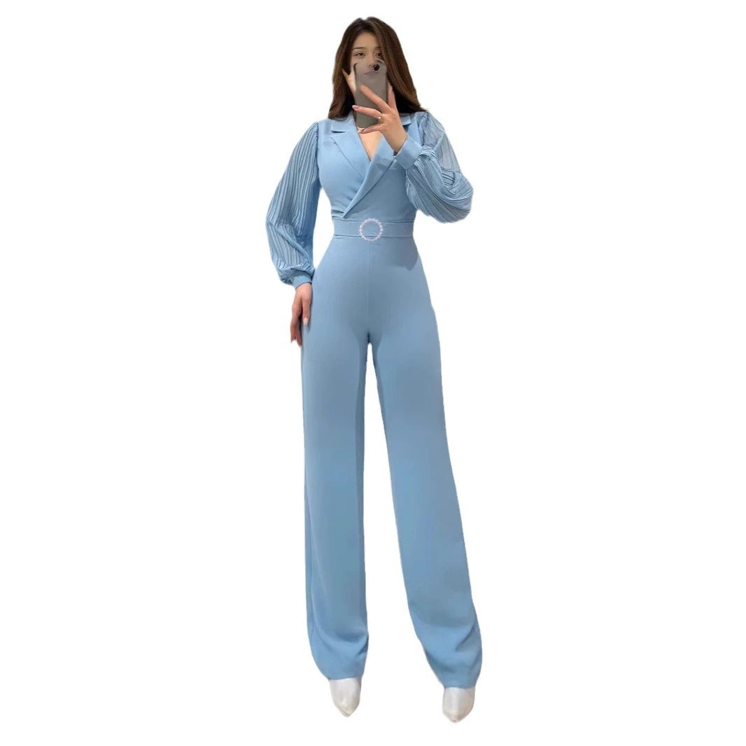 Fitted Jumpsuit With Pleated Long Sleeves And A Blazer Collar by GJG Denim