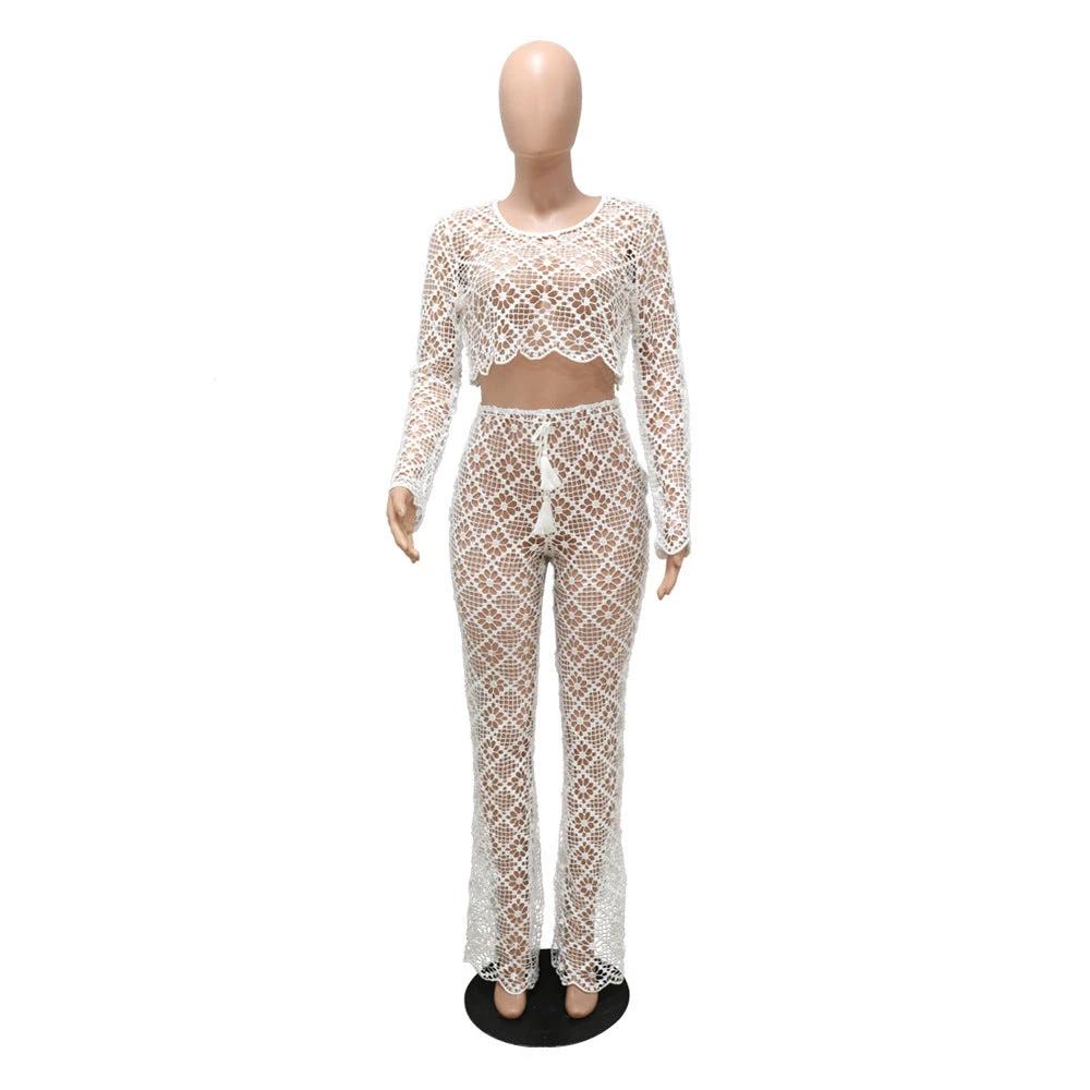 O-neck Short Top Bell-bottom Pants Lace Suit Without Lining by GJG Denim
