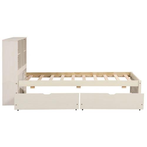 Modern Twin Size Bed Frame With Built-in USB Port On Bookcase Headboard And 2 Drawers White Washed Color by GJG Denim