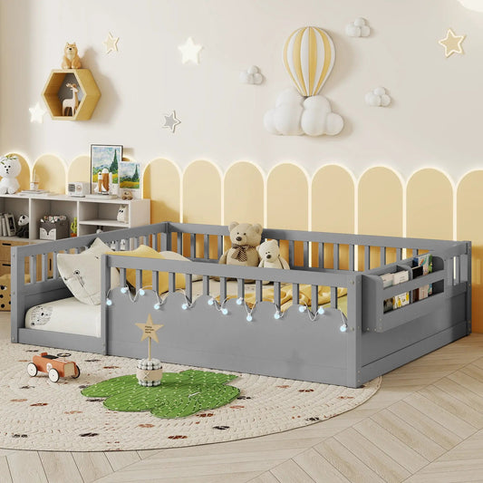 Full Montessori Floor Bed Frame With High Rails, Wood Kids Floor Beds With Light And Storage Shelf, Gray by GJG Denim