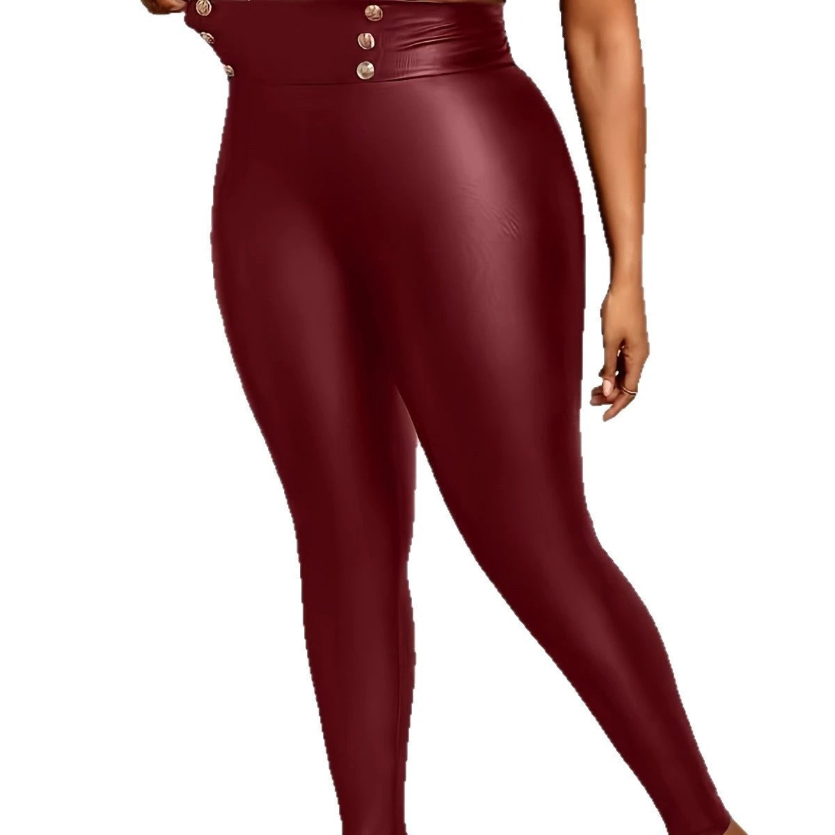 Plus-size Buttoned Tight-fit Figure-flattering Solid-color Stretchy PU Leather by GJG Denim