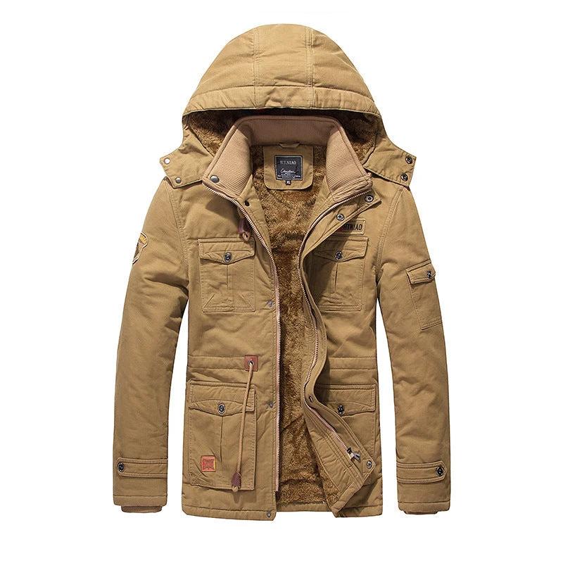 Men's Fleece Padded Mid-length Hooded Jacket by GJG Denim