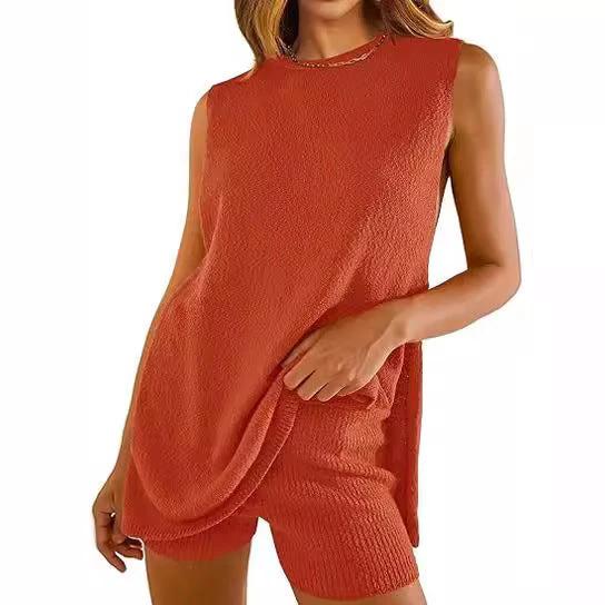 Summer Loose-fitting Casual Round-neck Vest Shorts Knitting Suit Women by GJG Denim