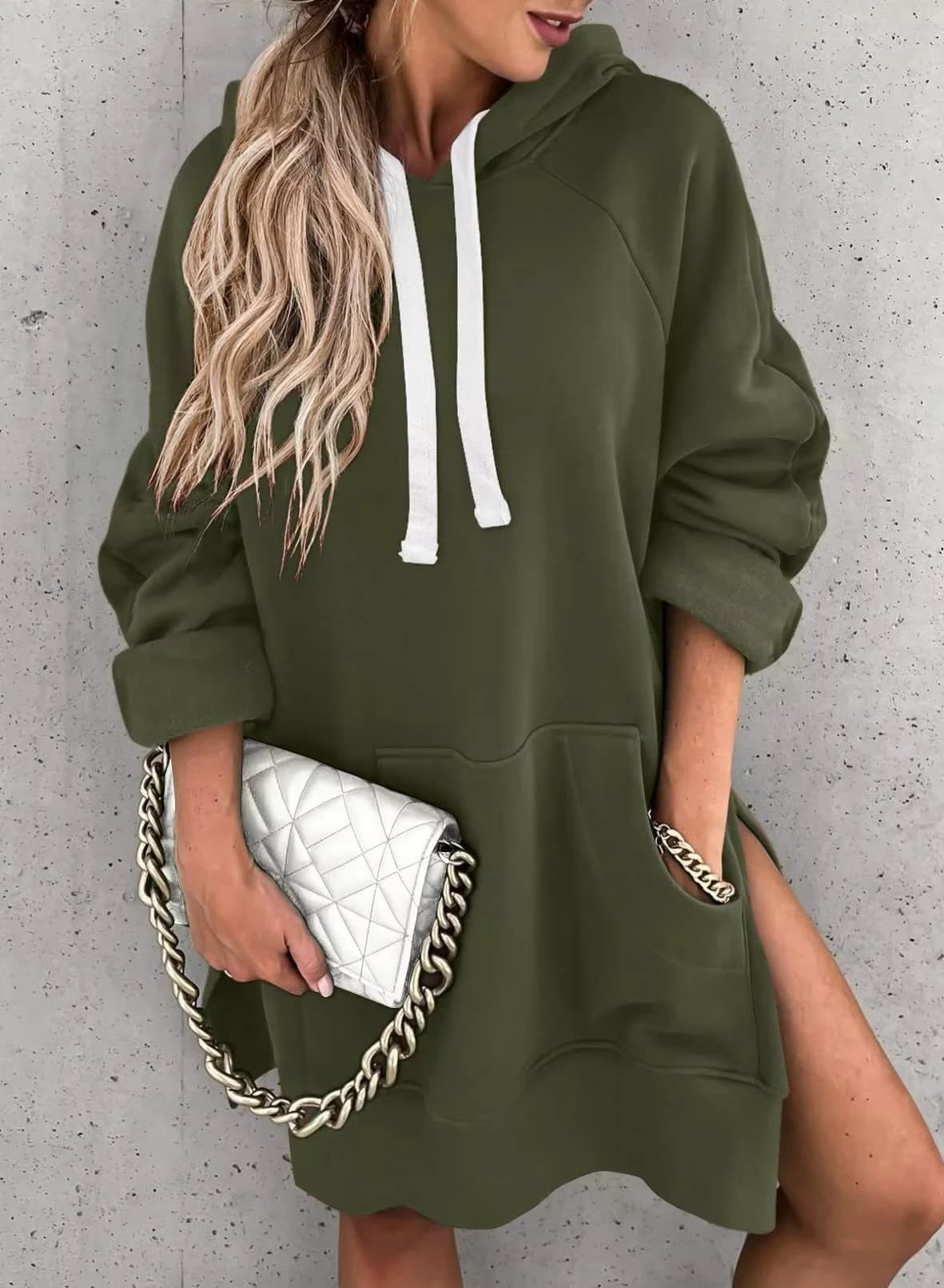 Women's Solid Color Hooded Mid-length Sweater by GJG Denim