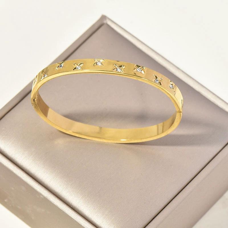 Retro Sunflower Diamond-Encrusted Bracelet Gold Polished Cuff by GJG Denim