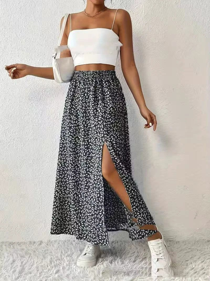 Women's Fashionable With Side-slit Printed Skirt by GJG Denim