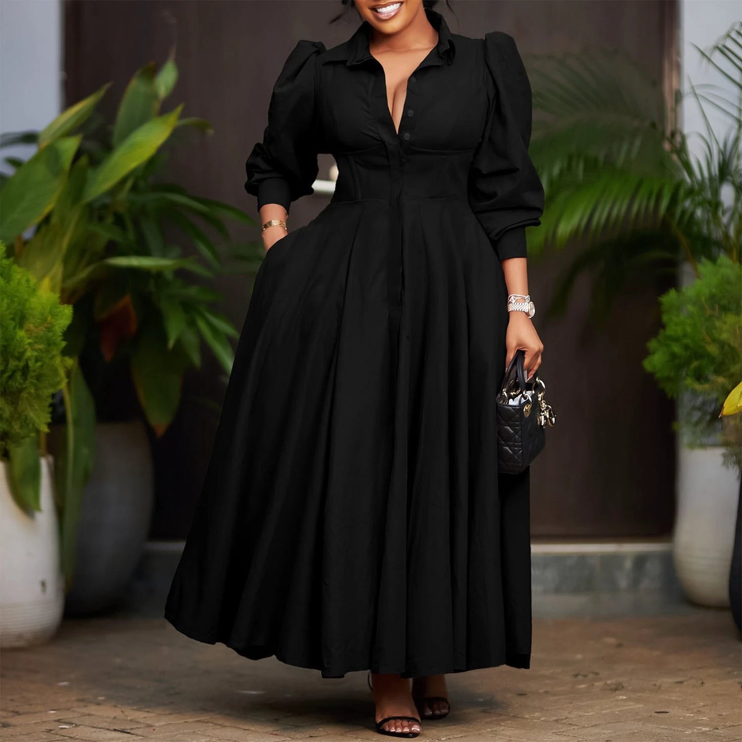 Women's Elegant Long Sleeve Big Hem Shirt Solid Color Dress by GJG Denim