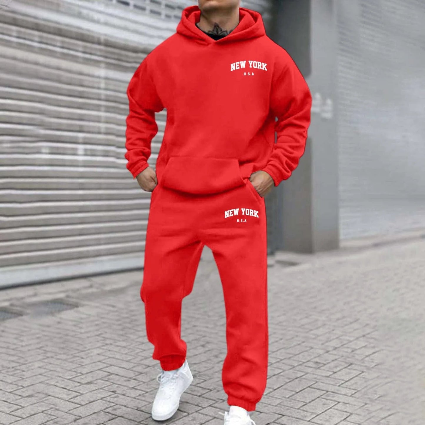 Men's Fleece-Lined Printed Hoodie And Pants Set by GJG Denim