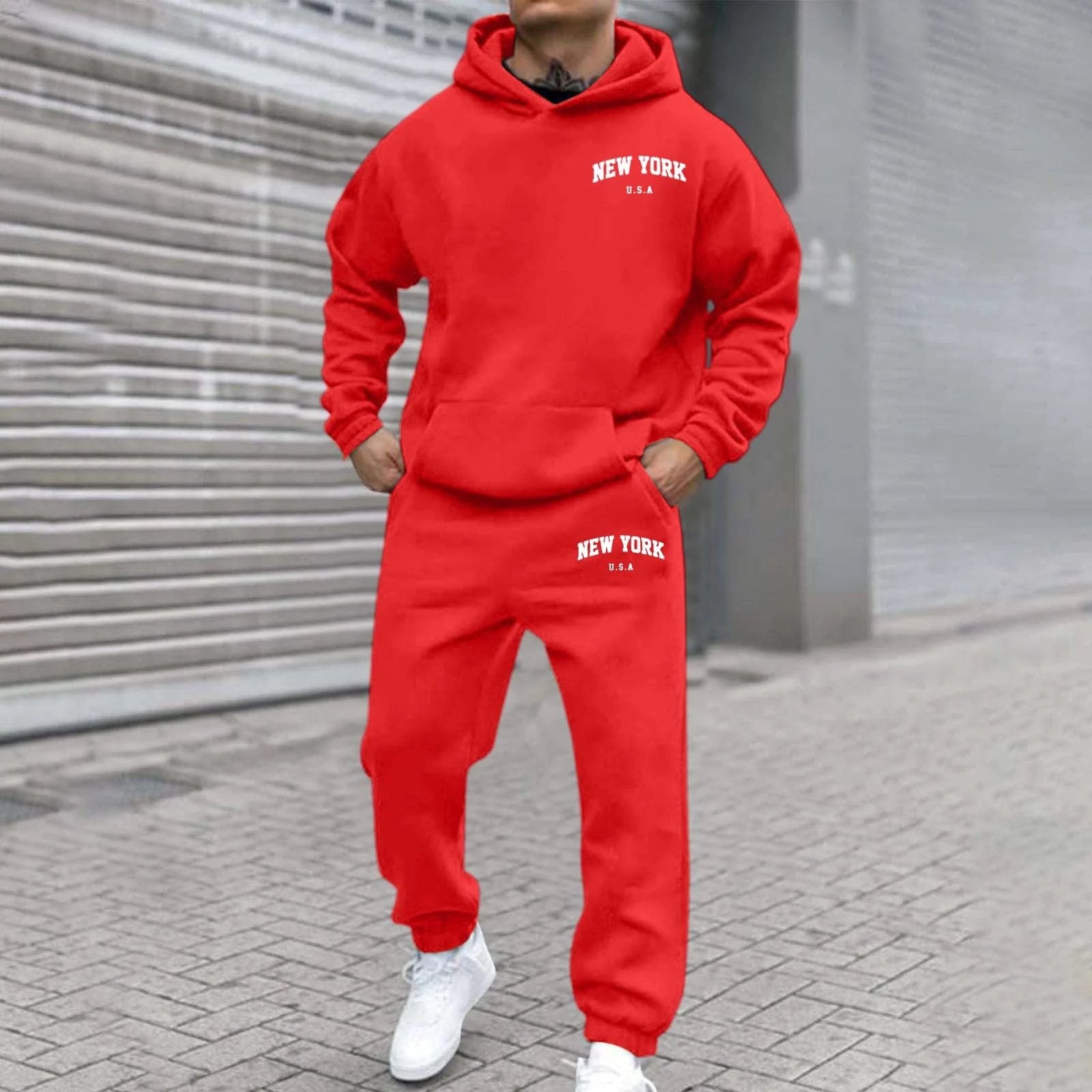 Men's Fleece-Lined Printed Hoodie And Pants Set by GJG Denim