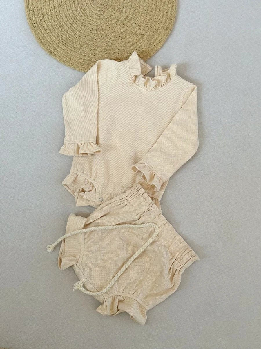 Rib Cotton Short Sleeve Wooden Ear Rompers Jumpsuit by GJG Denim
