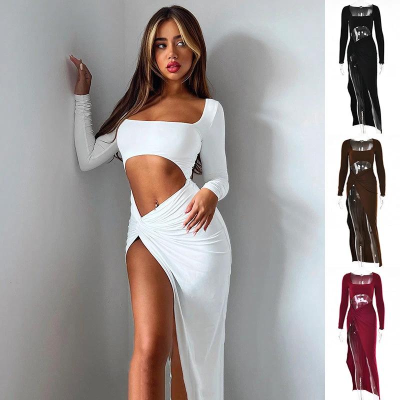Womens Clothing Long Sleeve Dress Fashion Hollow U-neck Split Dress Party Wedding by GJG Denim