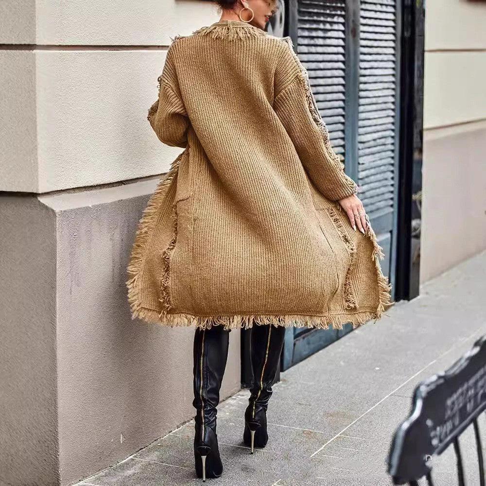 Lapel Tassel Long Knitted Coat by GJG Denim