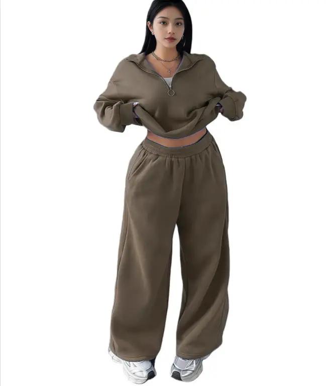 Casual Womens Fashion Half-Zip Pullover Hoodie And Pants Two-Piece Set by GJG Denim