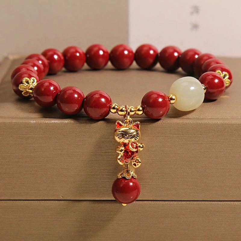 Cinnabar Beaded Lucky Cat Pendant Bracelet by GJG Denim