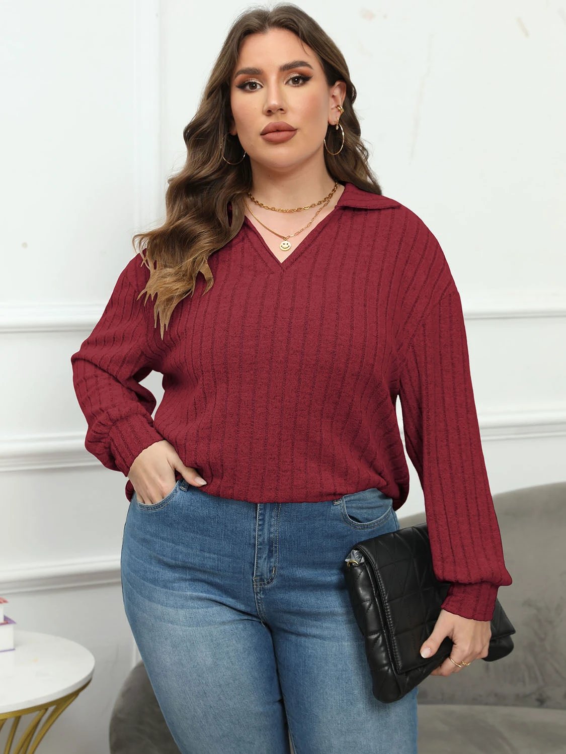 Plus Size Ribbed Collared Neck Long Sleeve Blouse by Lady Ros
