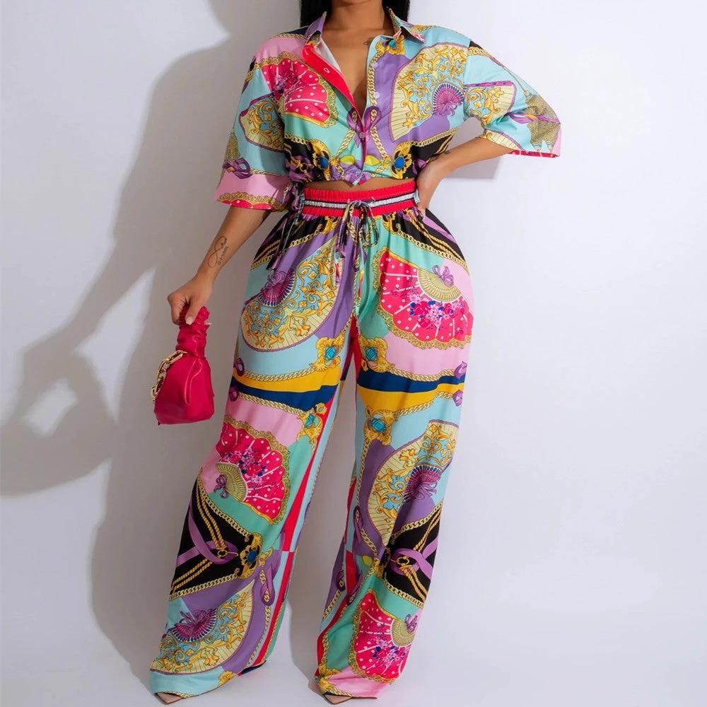 Fan Pattern Printed Short Sleeve Set by GJG Denim