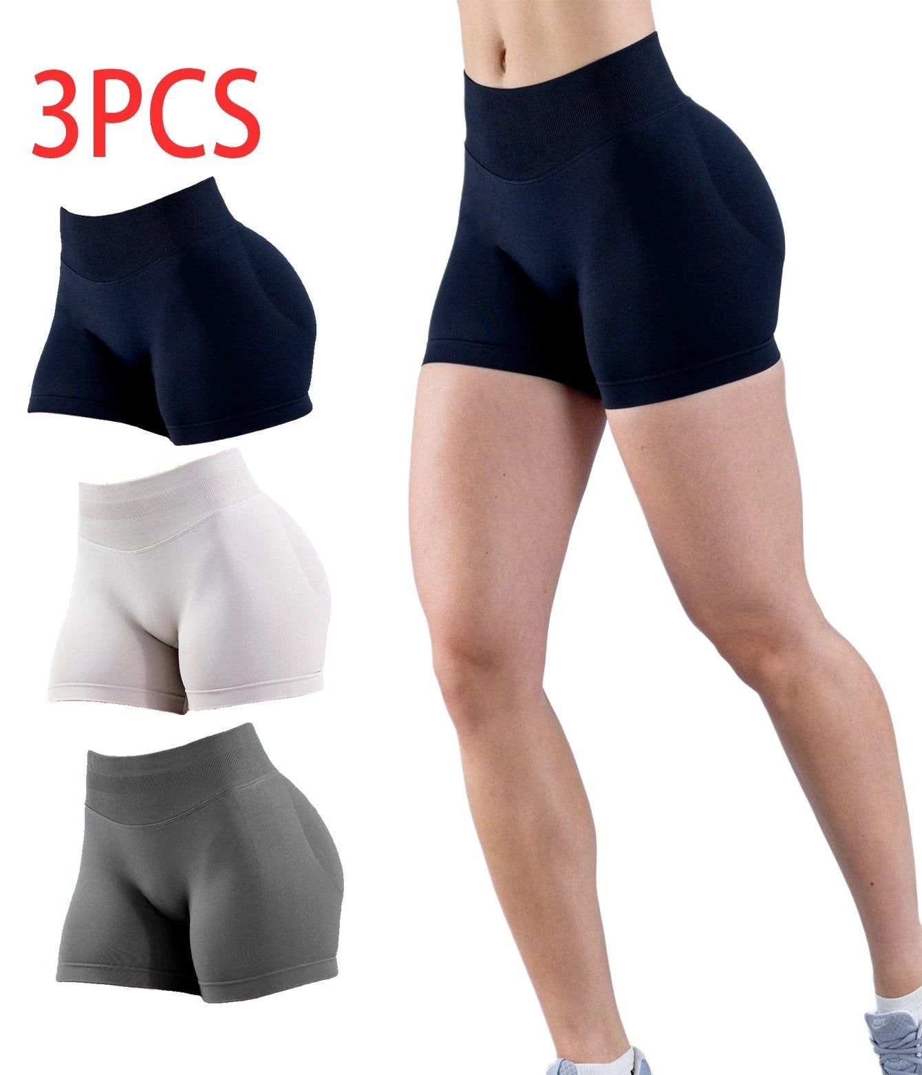 3PCS High-waisted Solid-color Training Shorts by GJG Denim