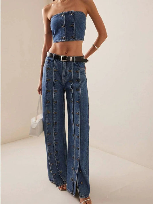 Fashionable Button-Front Slit Straight-Jeans by GJG Denim