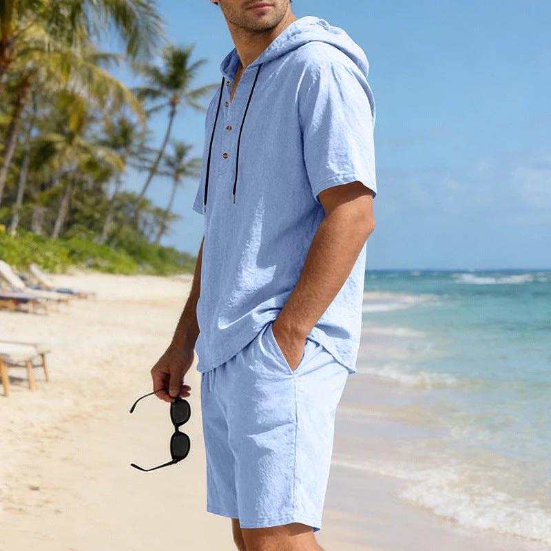 Mens Loose Breathable Linen Hooded Casual Set by GJG Denim