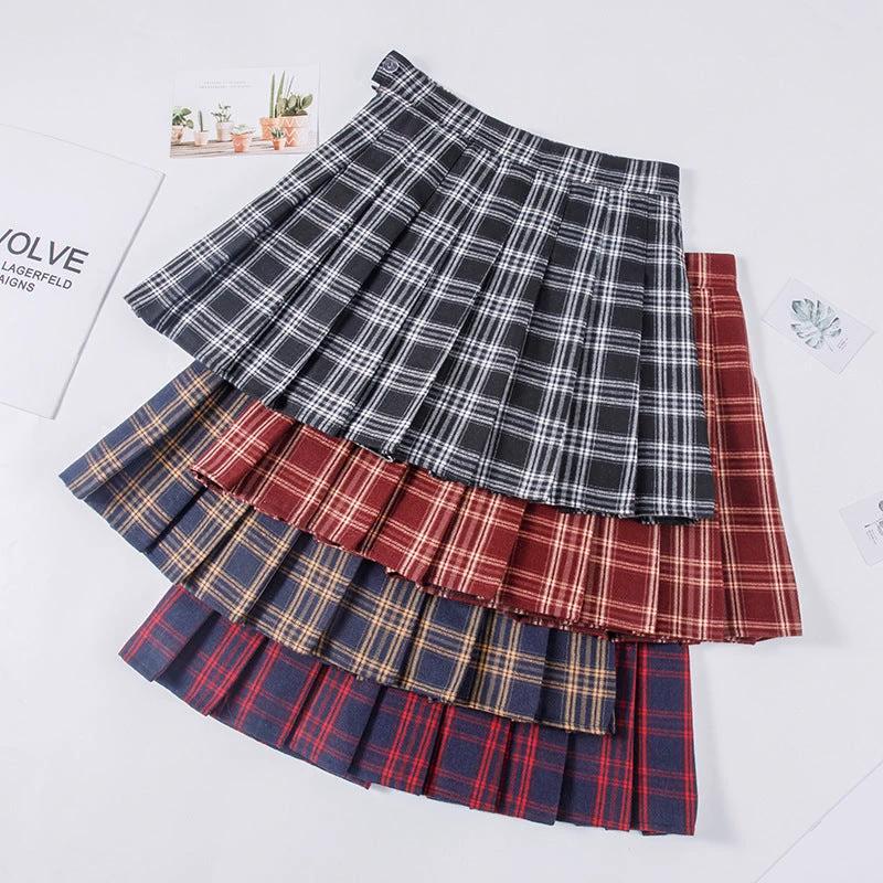 Plaid Pleated Skirt Women's Autumn And Winter High Waist Short by GJG Denim