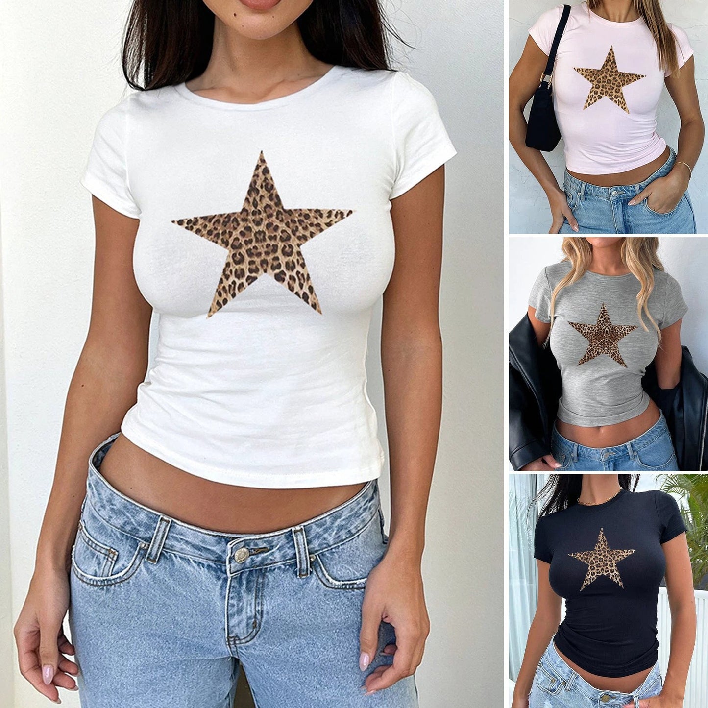Tight Waist Leopard Print Round Neck Short Sleeve by GJG Denim