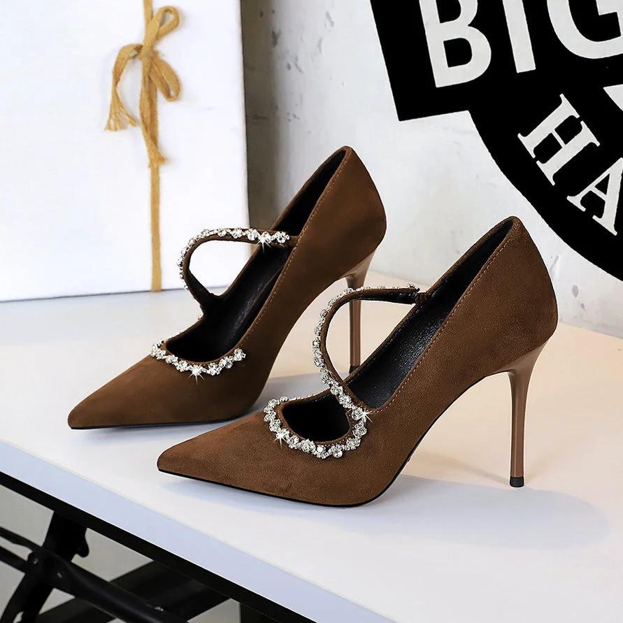Pointed High Heels Diamond Chain Single Strap Thin Heels by GJG Denim