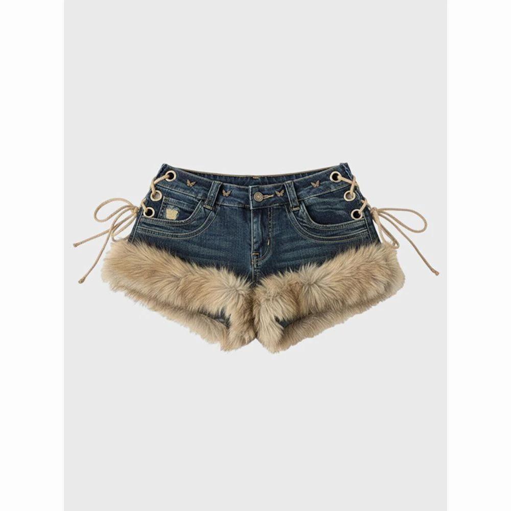 Womens Stylish Furry Patchwork Micro Shorts by GJG Denim