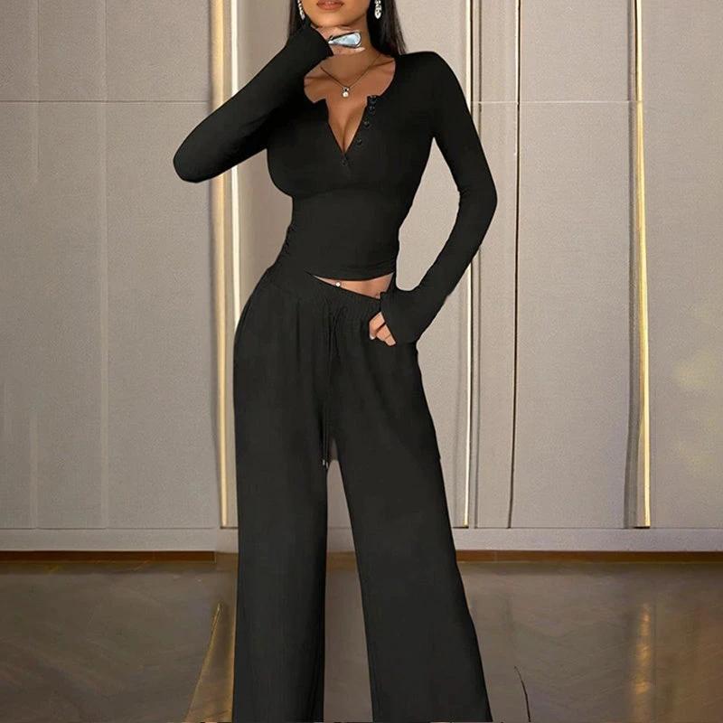Women's Solid Color Fall&Winter Pants Set - Sexy V-Neck Button-Up Fitted Long Sleeve T-Shirt & High-Waist Flared Wide-Leg Stretchy Pants by GJG Denim