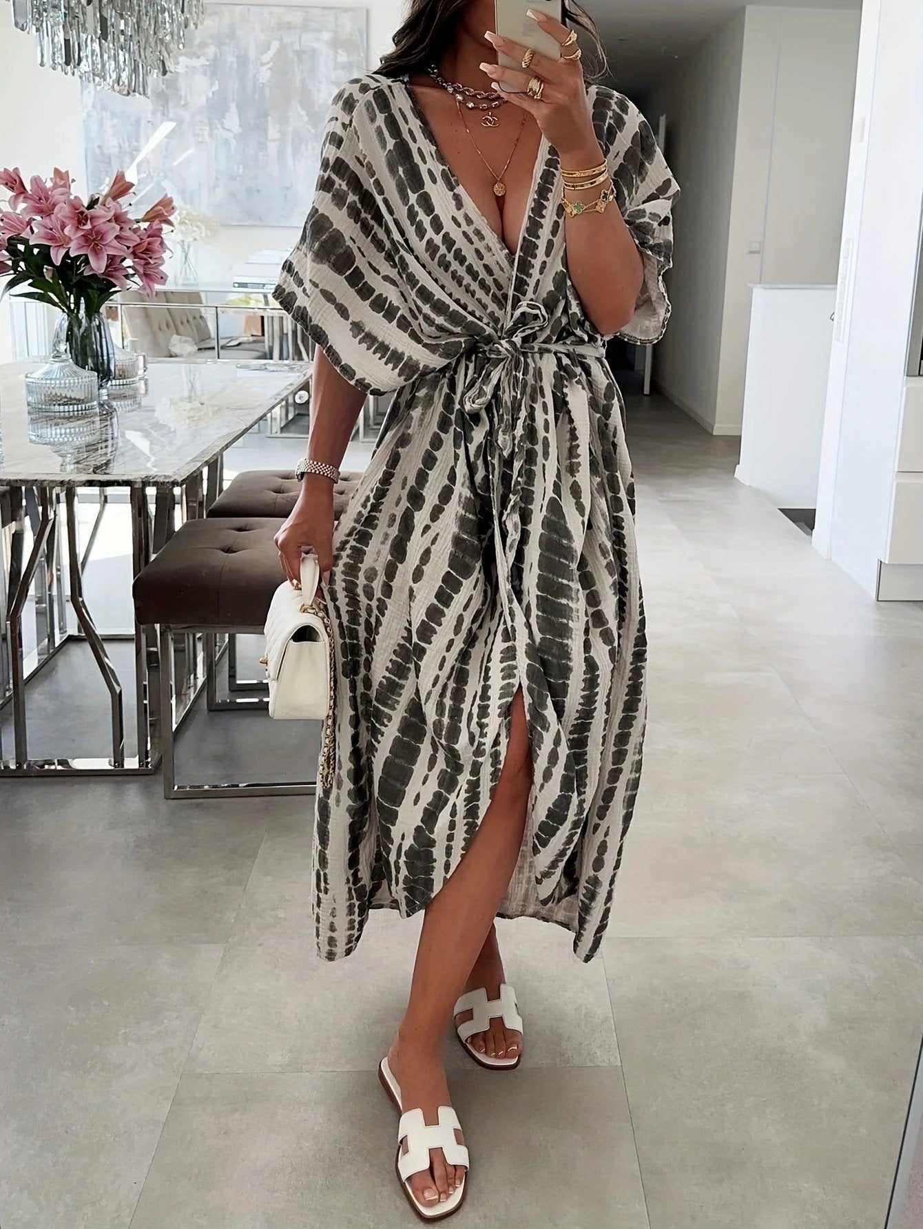 Tie-dye Pattern Printed Beach Cover-up Coat Robe Dress by GJG Denim