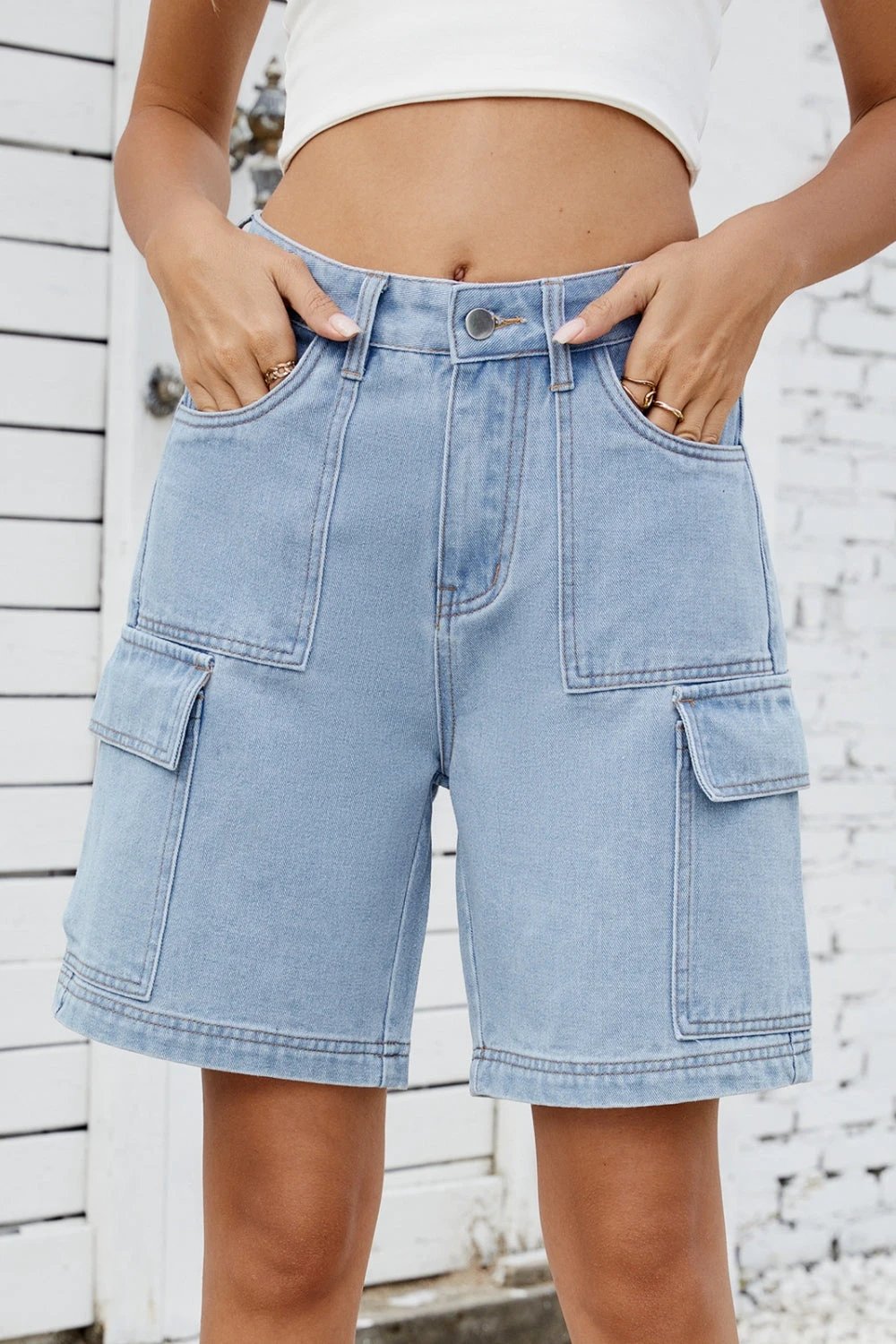 High Rise Denim Shorts with Cargo Pockets by Lady Ros