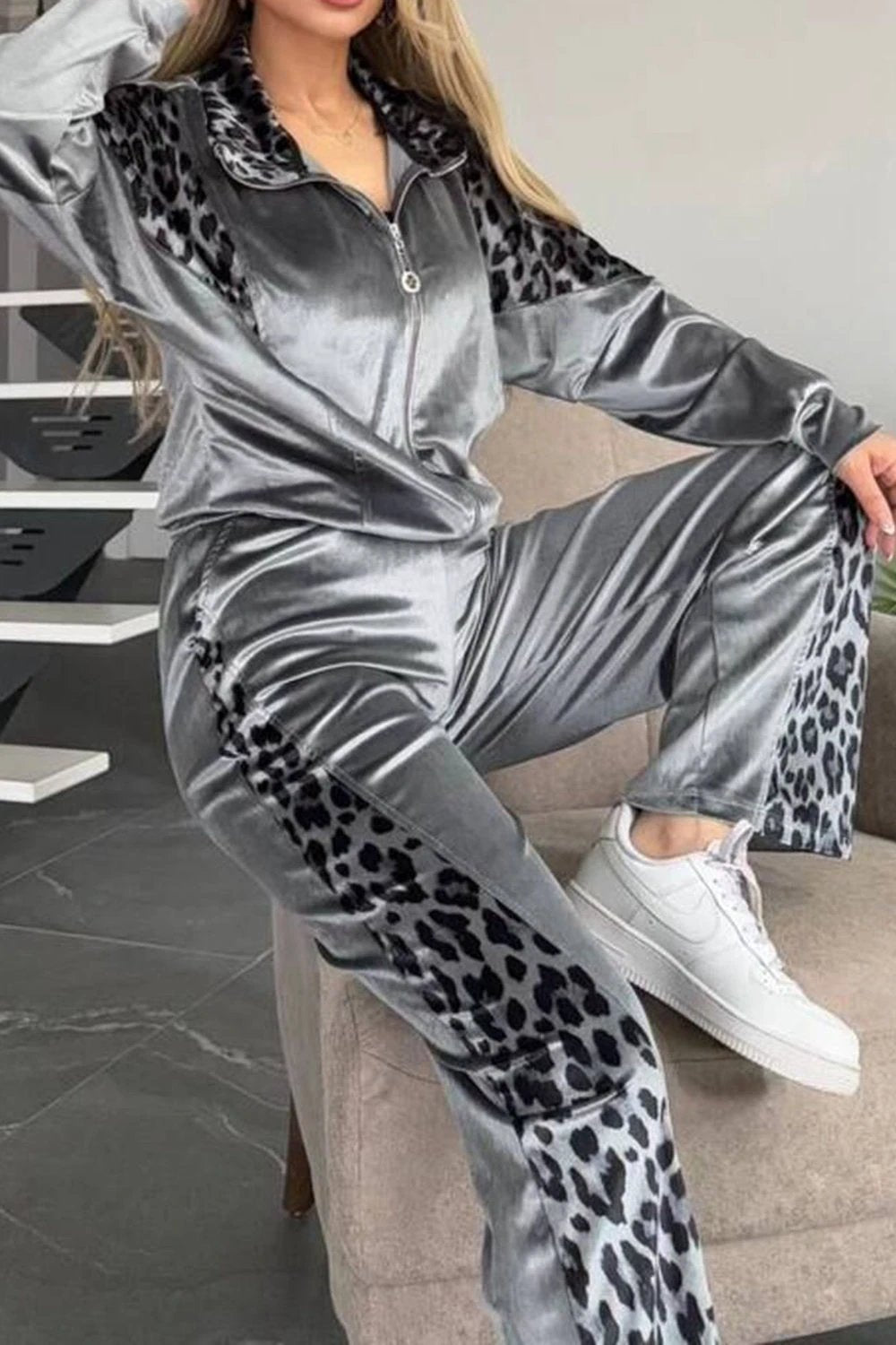 Full Size Collared Neck Leopard Zip Up Top and Pants Set Plus Size by Lady Ros