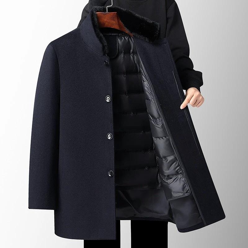 Men's Wool Overcoat Mid-length Thickening Detachable Down Feather Liner by GJG Denim